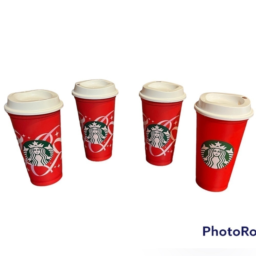STARBUCKS 4 Holiday Red Cup Travel plastic hot/cold Coffee cups with white lids